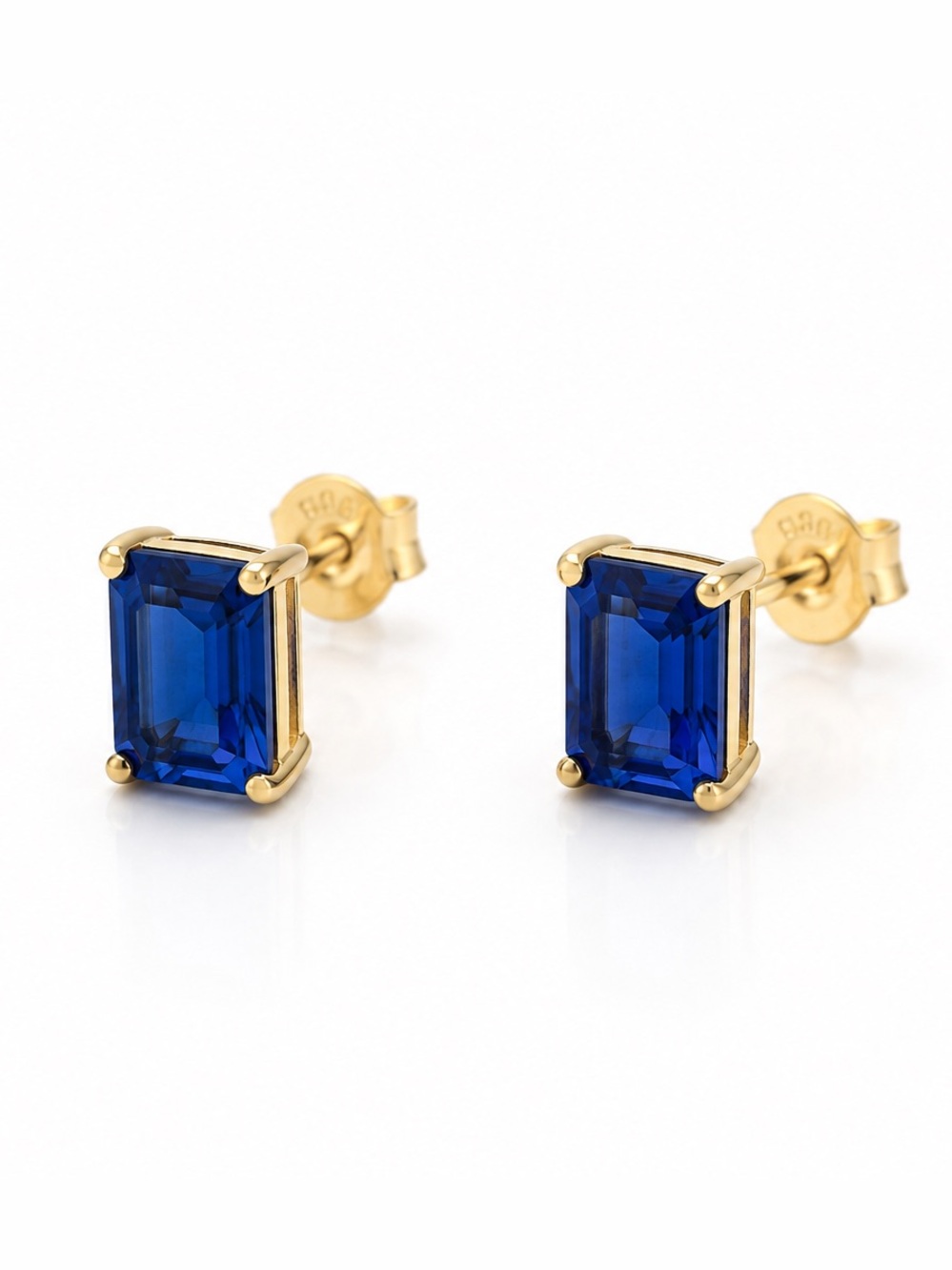 Solid 14K Gold Natural Blue Sapphire Stud Earrings 1.30ctw Emerald Cut 6x4mm